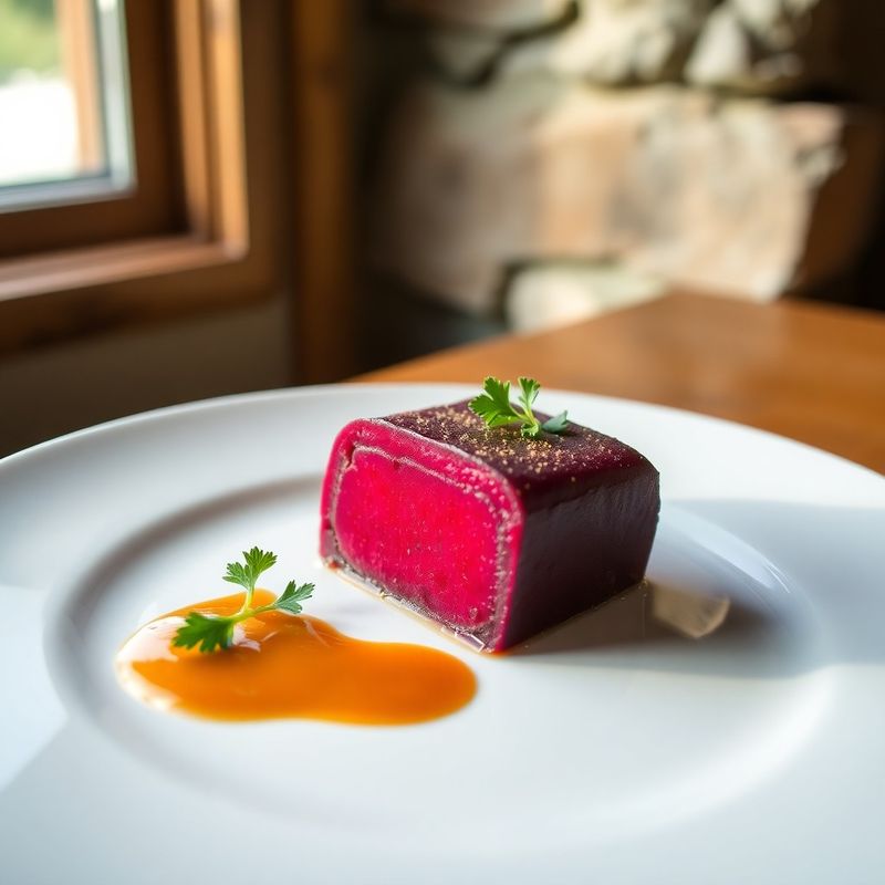 Seasonal plated course on white porcelain with amber-gold sauce