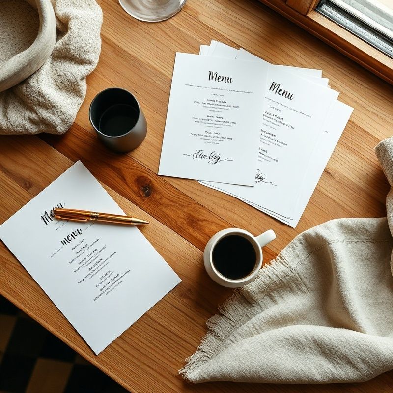 Catering planning session with menu cards and linen swatches